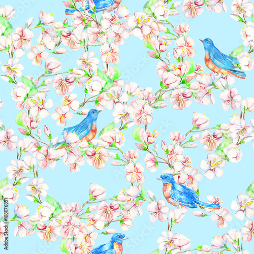 Cherry  apple  flowers  bird. Watercolor seamless pattern.