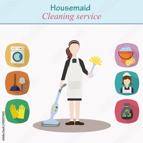 Cleaning house service - young women character, ready to house work with different housekeeping icons in modern flat style.