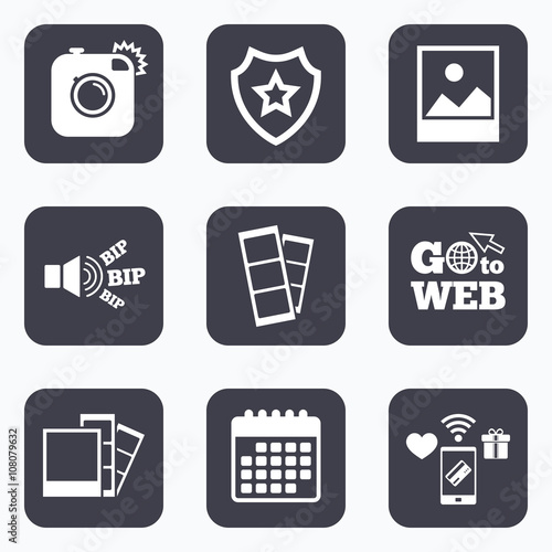 Photo camera icon. Flash light and landscape.