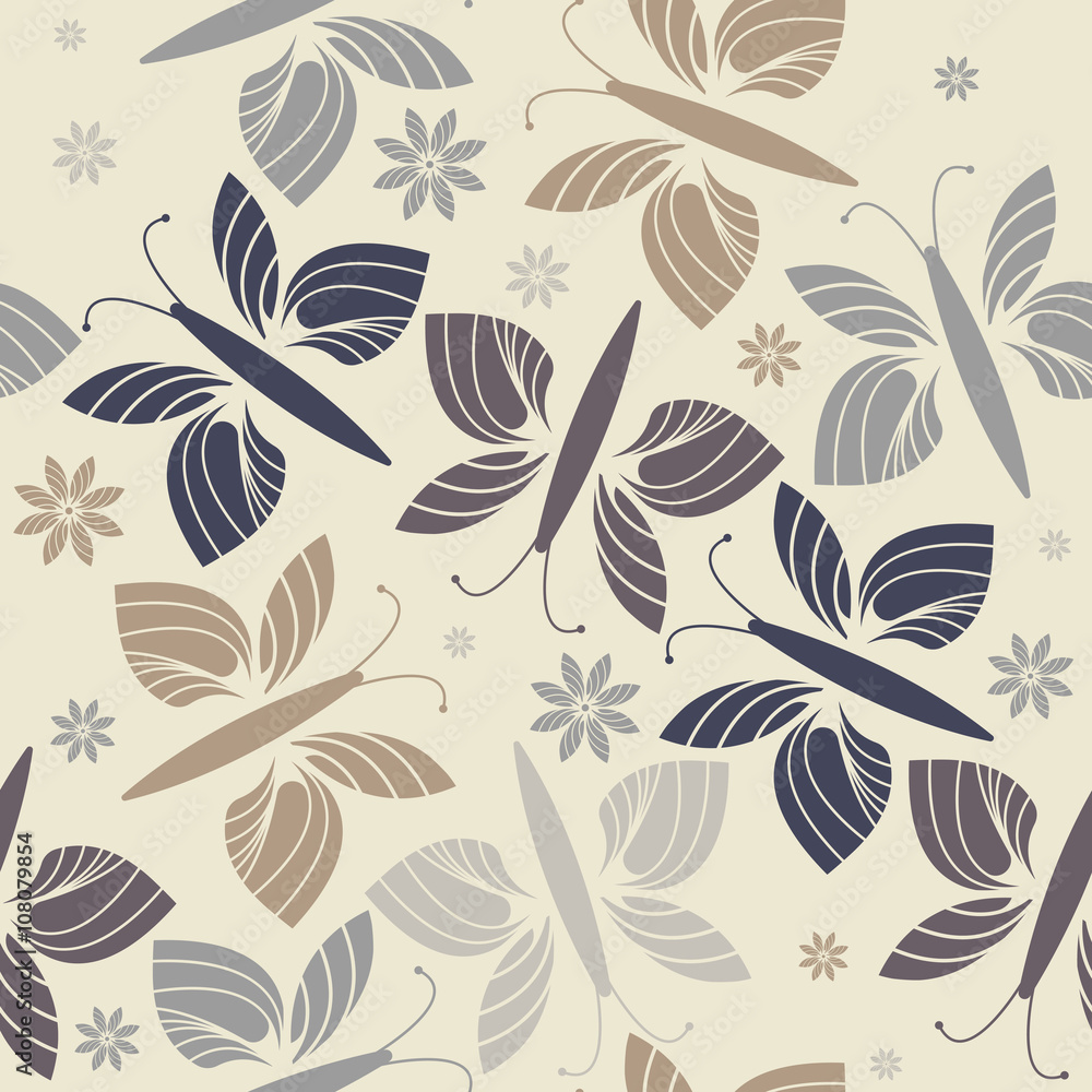 Seamless pattern with stylish flowers and butterflies