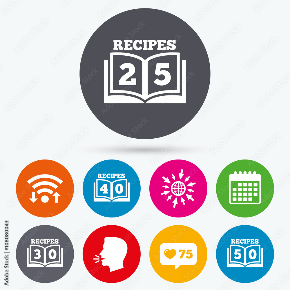 Cookbook icons. Fifty recipes book sign. Cookbook icons. Fifty recipes book sign.