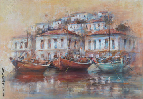 Boats on the island harbor handmade painting