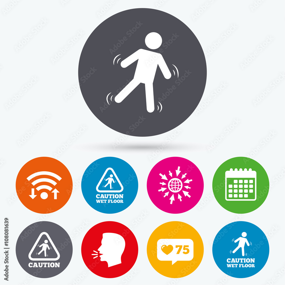 Caution wet floor icons. Human falling signs. Caution wet floor icons. Human falling signs.