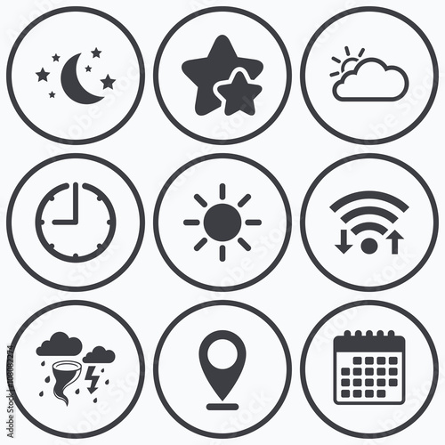 Cloud and sun icon. Storm symbol. Moon and stars