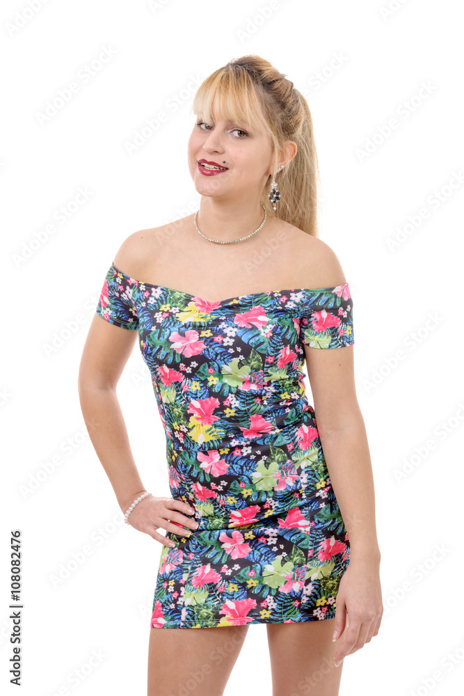 Glamorous young woman in short dress on white background Glamorous young woman in short dress on white background
