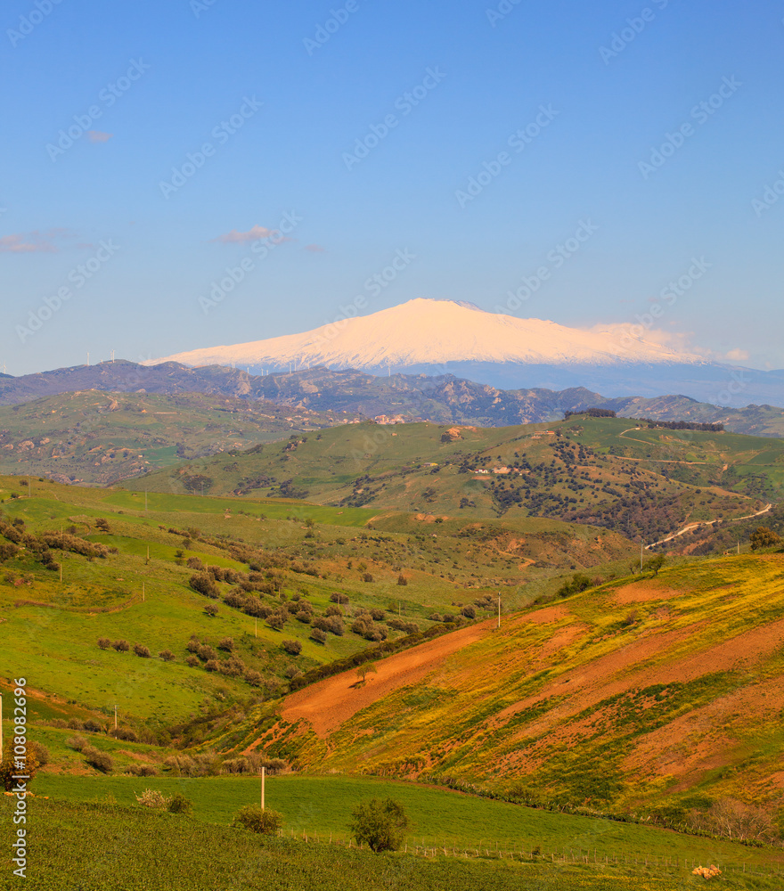 Etna volcano and Sicily field Etna volcano and Sicily field