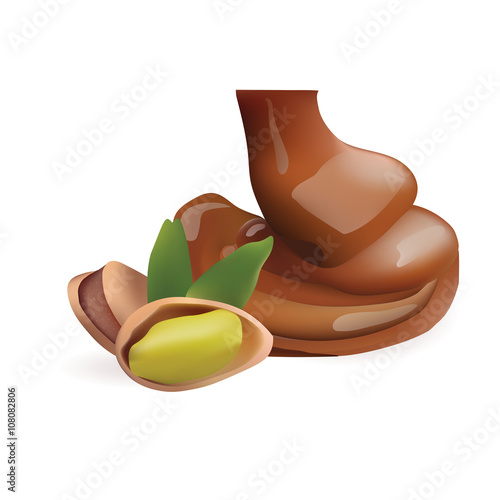 Vector Realistic Collection of Liquid Melted Pouring Chocolate and Pistachio. Isolated on White Background. Design Element For Dessert Food Packaging and Wrapping