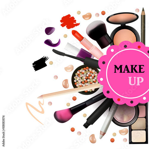 Make Up Artist Objects. lipstick, eye shadows, eyeliner, concealer, nail polish, brushes,pencils, palettes, powder. Vector Emblem. Realistic Vector Design.