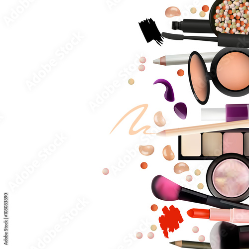 Make Up Artist Objects. lipstick, eye shadows, eyeliner, concealer, nail polish, brushes,pencils, palettes, powder. Vector Beautiful Background. Realistic Vector Design.