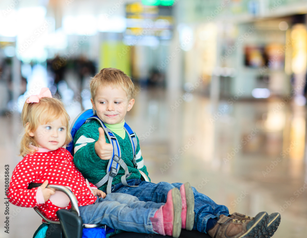happy kids travel in the airport happy kids travel in the airport