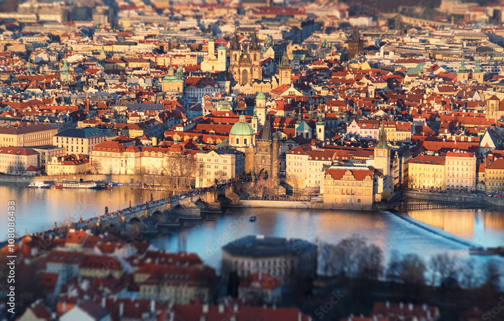Arieal view of Old Prague with Charles Bridge crossing the river