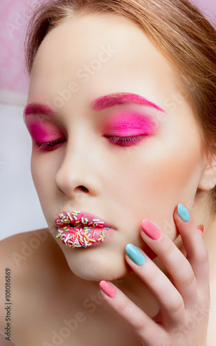 Candy Themed Styled Girl with Brown Hair in Studio on White