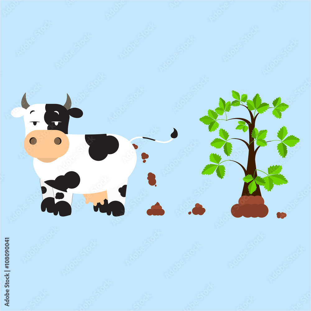 Dutch dairy cow pooping and fertilizing the land. Tree rising over