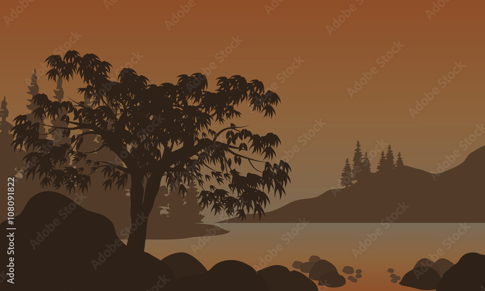 Night Landscape, Mountains, River and Trees Silhouettes