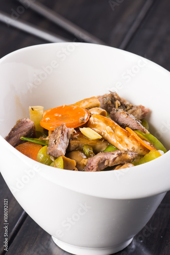 lamb meat with carrots and celery in hoisin sauce