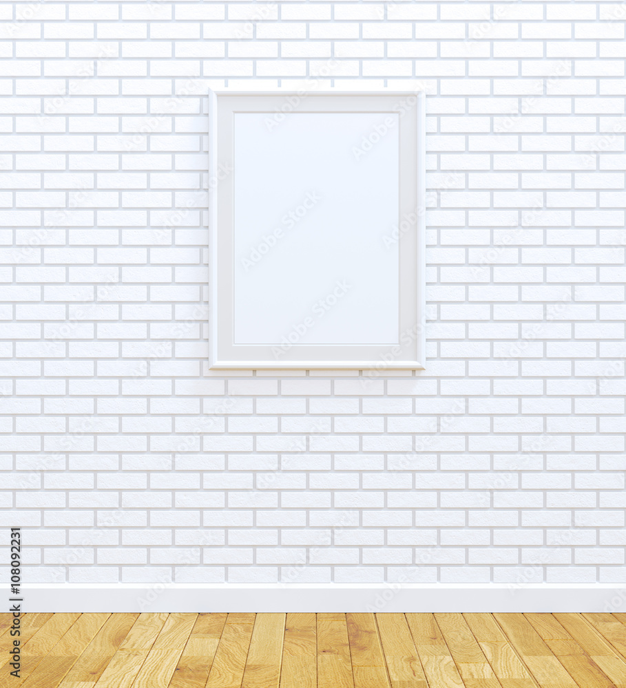 Blank white picture frame on white brick wall Blank white picture frame on white brick wall