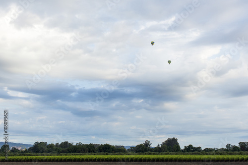 Hot air balloons flying over rural landscape photo