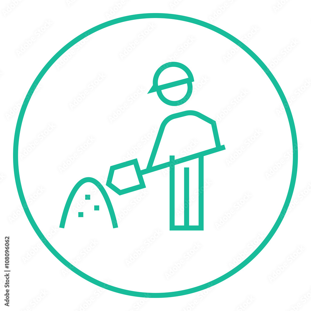 Man with shovel and hill of sand line icon. Man with shovel and hill of sand line icon.