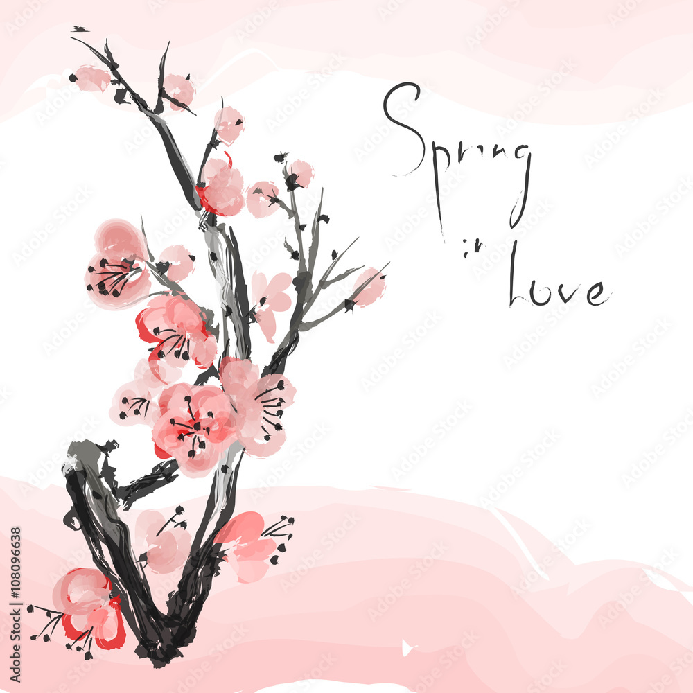 Fototapeta premium Watercolor Sakura Blossom - Japanese Cherry Tree. Artistic Branch Plum Blossom.