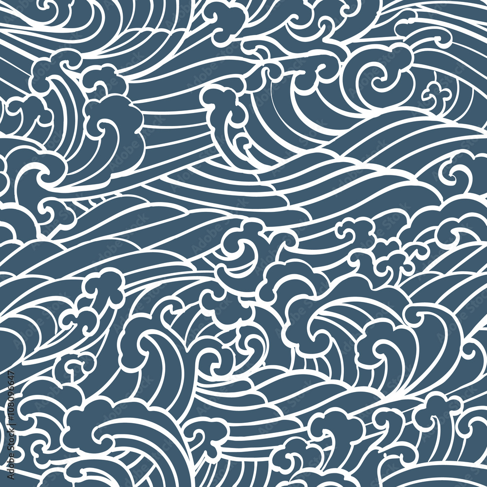 Fototapeta premium Deseniowa Bezszwowa ocean fala ręki remisu azjata stylu biała ręka rysująca na błękitnym tle