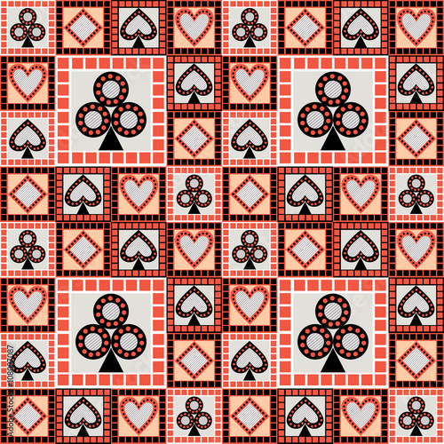 Seamless vector pattern with icons of playing cards. Bright red and black asymmetrical geometric background. Decorative repeating ornament. Series of Gaming and Gambling Seamless Pattern