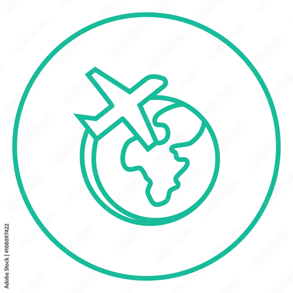 Obraz premium Airplane flying around the world line icon.