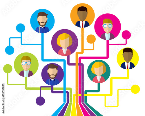 Communication tree with rounded corner. Office workers in a flat style
