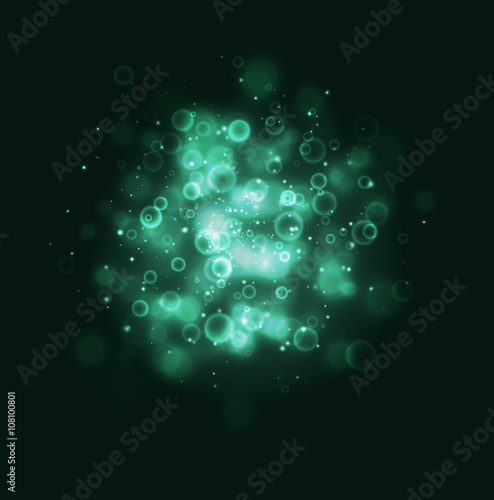 Turquoise green abstract light background with bokeh effect and spark on black background. Like bubble, microbe, cell, bacteria. For biology, medicine scientific, molecular background in X-ray