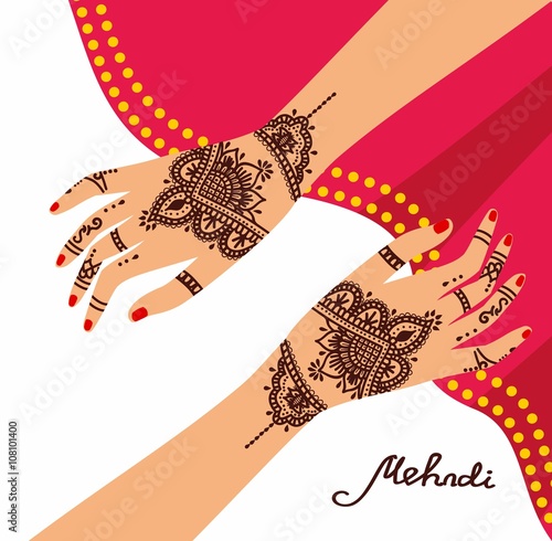 Element yoga mudra hands with mehendi patterns. Vector illustration for a yoga studio, tattoo, spas, postcards, souvenirs. Indian traditional lifestyle.