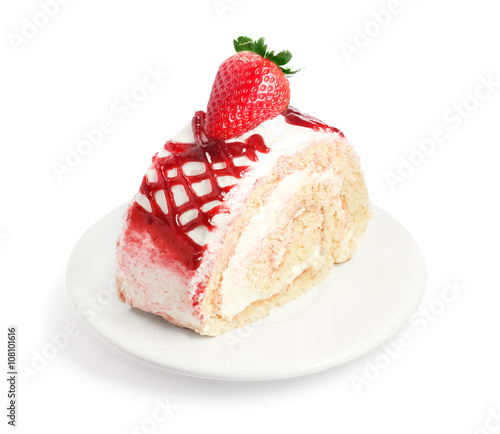 Strawberry cake on white plate