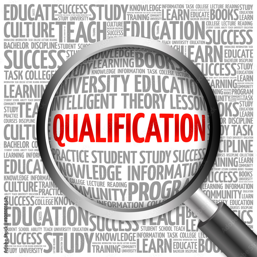 Qualification word cloud with magnifying glass, concept Qualification word cloud with magnifying glass, concept