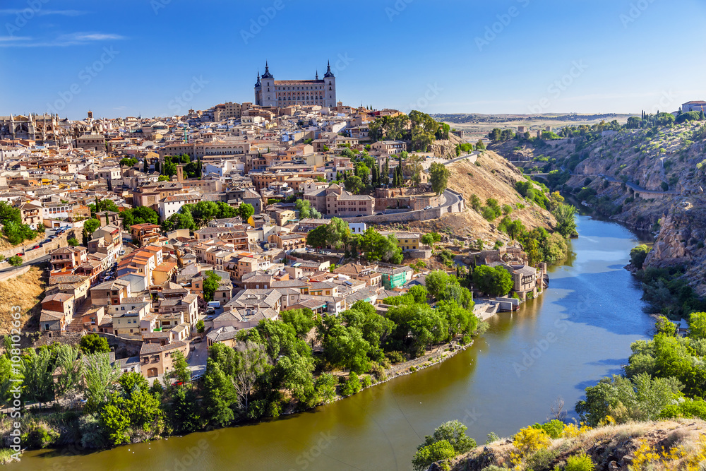 Alcazar Fortress Medieval City Tagus River Toledo Spain - obrazy, fototapety, plakaty 