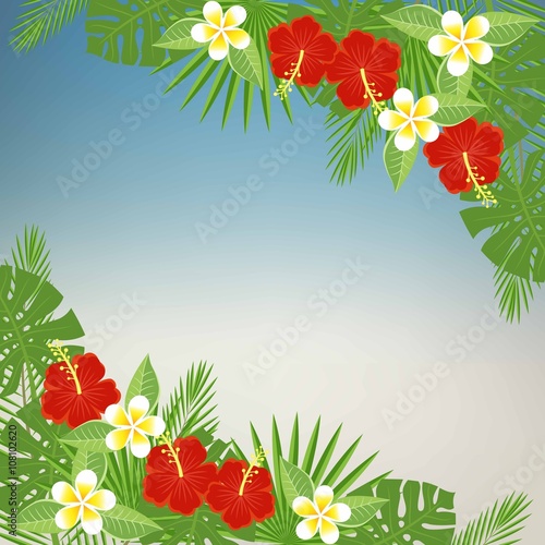 Floral background with space for text. Tropical flowers and leaves - hibiscus, palm tree, Monstera, plumeria. Template for postcards, flyers, brochures. vector abstract blurred background