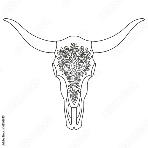 Decorative Indian bull skull with ethnic ornament.