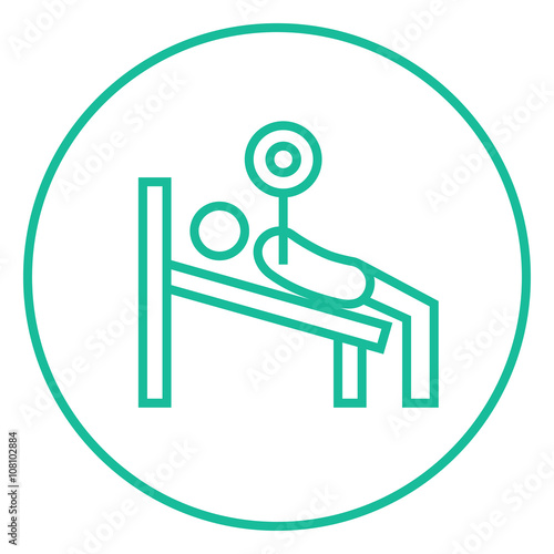 Man lying on bench and lifting barbell line icon.
