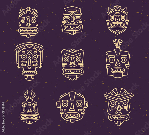 Vector illustration of set of ethnic tribal colorful masks on da