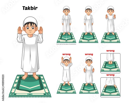Muslim Prayer Position Guide Step by Step Perform by Boy Standing and Raising The Hands with Wrong Position 
