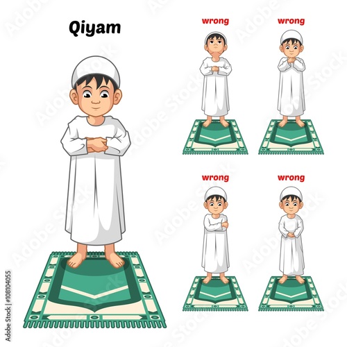 Muslim Prayer Position Guide Step by Step Perform by Boy Standing and 
Placing Both Hands with Wrong Position 