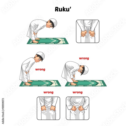 Muslim Prayer Position Guide Step by Step Perform by Boy Bowing and Hands Holding The Knee with Wrong Position 