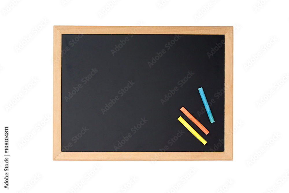 Blank blackboard with colored chalks isolated on white background Blank blackboard with colored chalks isolated on white background