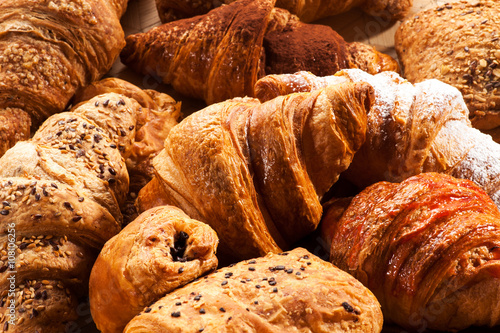 Close up of various croissant pastries photo