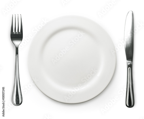 Photo of the fork and knife with white plate on white