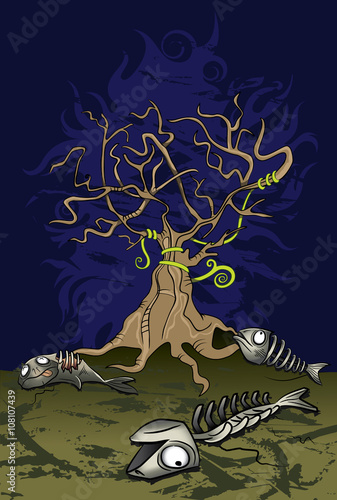 horror dead fish skeletons and wild desert nature background