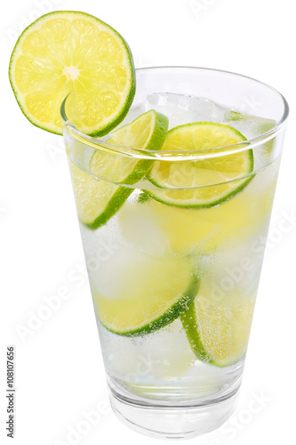 Lemonade with lime and ice cubes