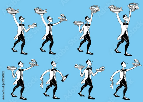 cartoon restaurant waiter serving vector illustration