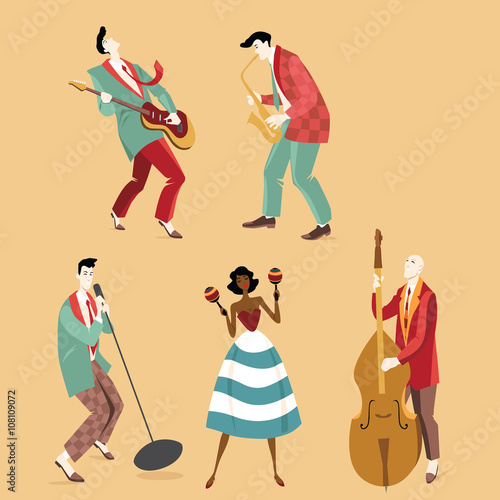 Set of vector illustration of vintage rock band in cartoon style