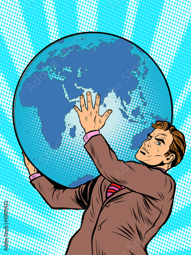 Businessman Titan Atlas holds the Earth