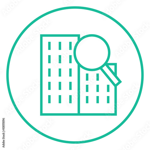 Condominium and magnifying glass line icon.
