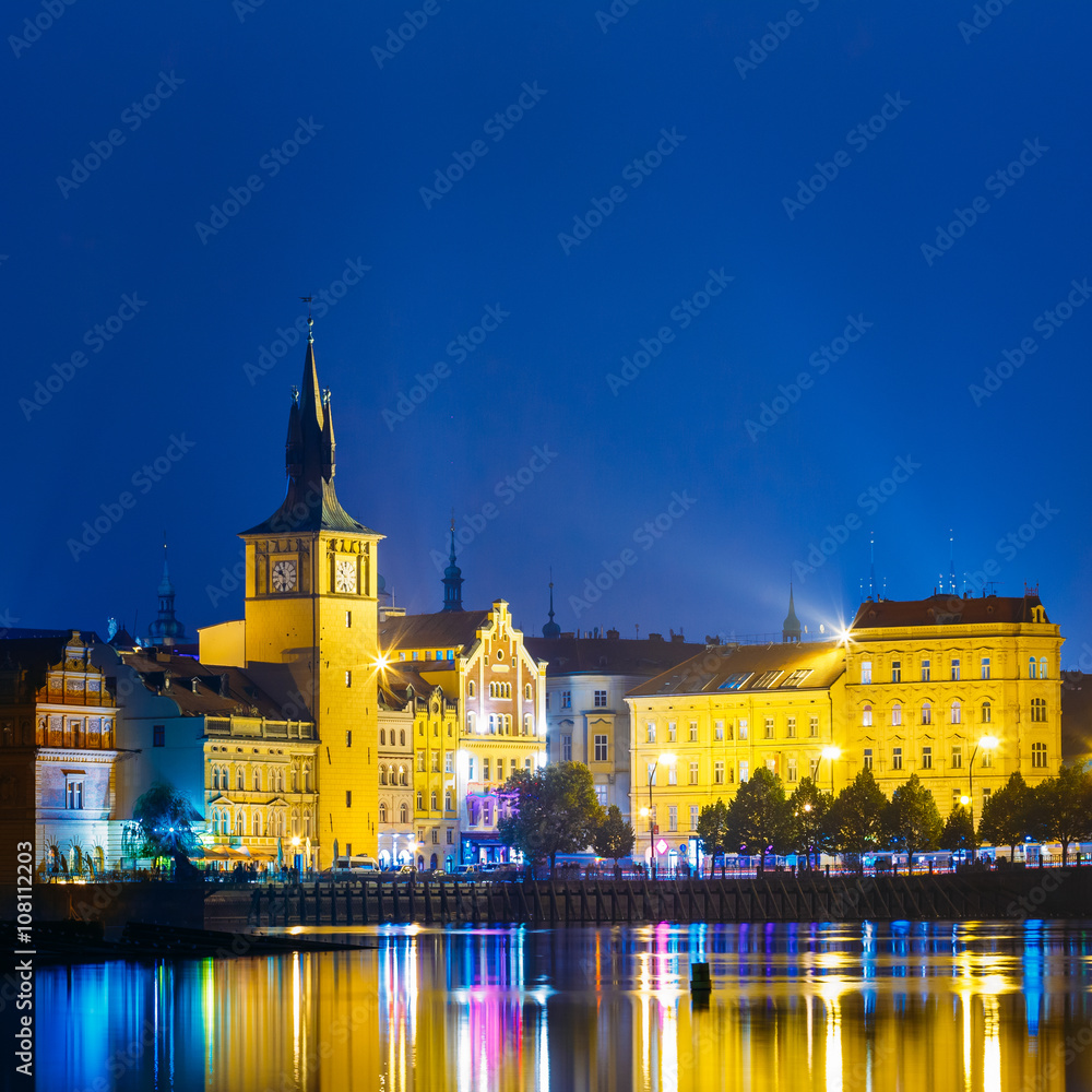 Fototapeta premium Night panoramic view of Prague cityscape, Czech Republic