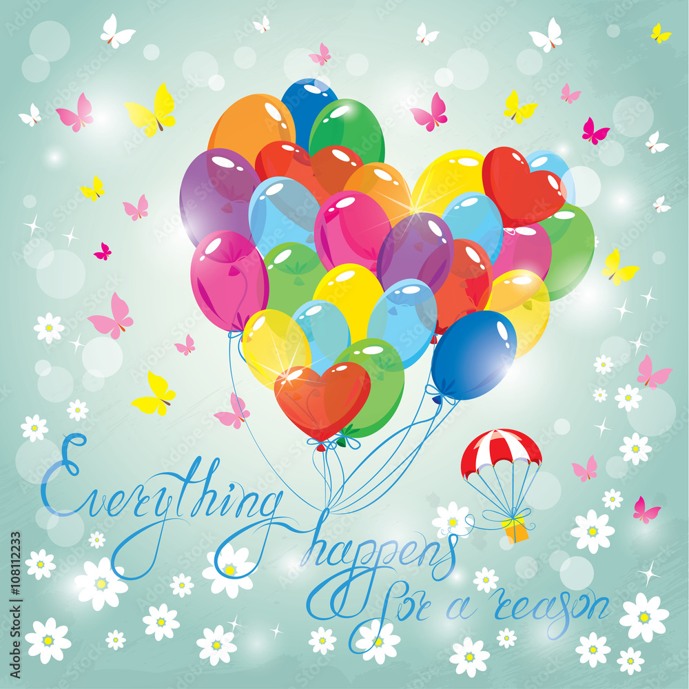 Image with colorful balloons in heart shape on sky blue backgrou